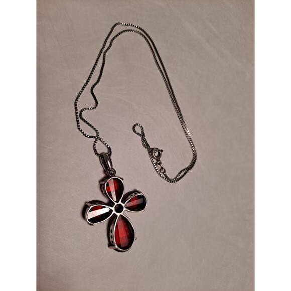 Garnet Cross Necklace 18 inch Chain Large Sterling Silver Marcasite Pendant VTG - Picture 4 of 11